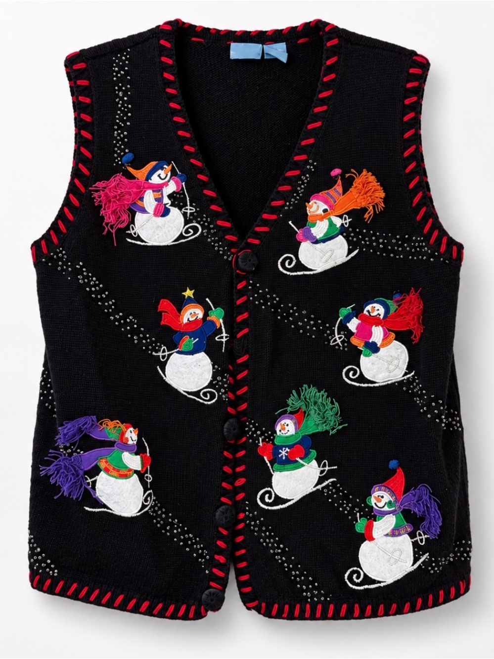 Vintage Holiday Editions Snowman Sweater Vest Black Rhinestone Embroidered Knit